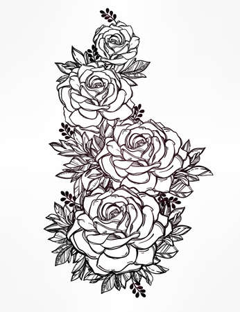 tatouage rose Vintage main très détaillée floral dessiné rose tige de la fleur de roses